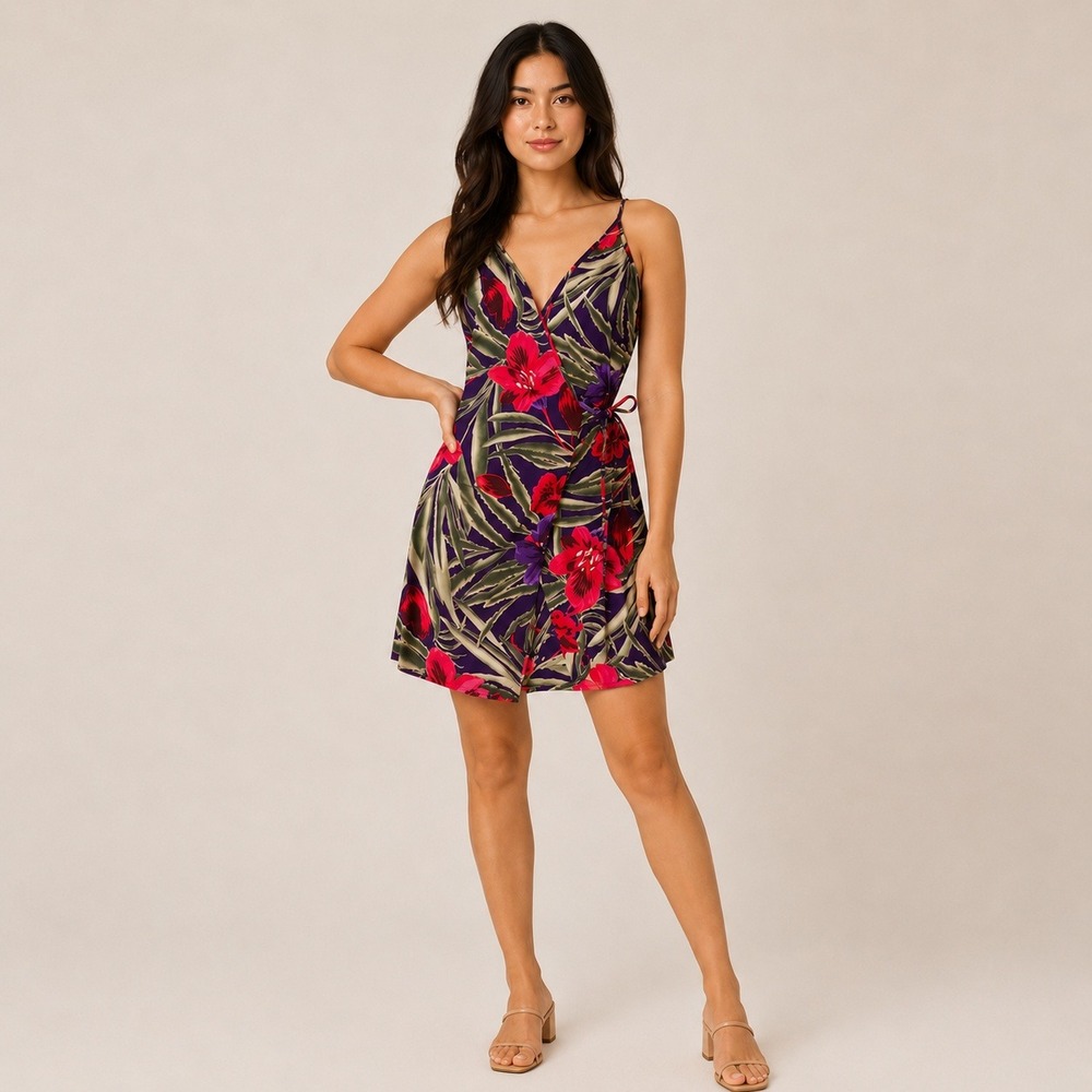 Vintage Express‎ Tropical Floral Wrap Mini Dress Y2K Resort Summer Hibiscus 5/6